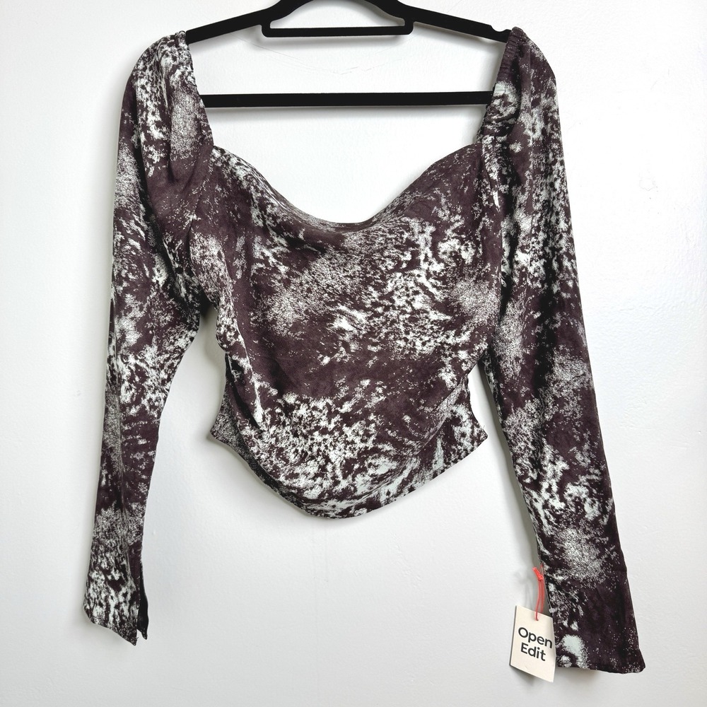 NWT $59 Open Edit Drape Front‎ Long Sleeve Top Teal-Brown Liquid stone Size XS